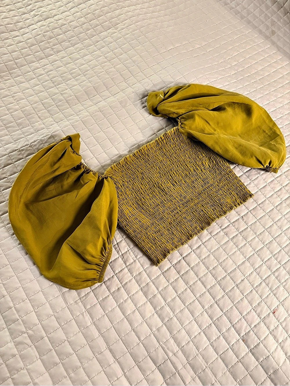 Zara Mustard Puff-Sleeve Smocked Crop Top Yellow Medium